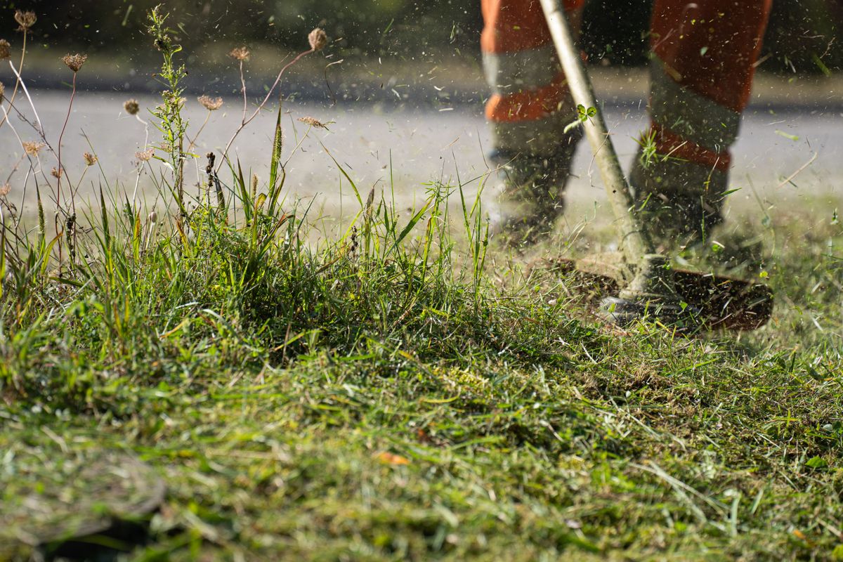 Débroussailleuse professionnelle en action, équipement de protection